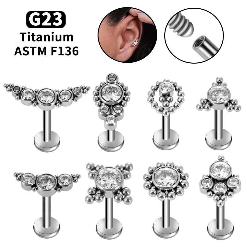 

G23 Titanium Labret Piercing 16G Spherical CZ Cartilage Earrings Tragus Helix Flat Back Earrings Tongue Nail Piercing Jewelry