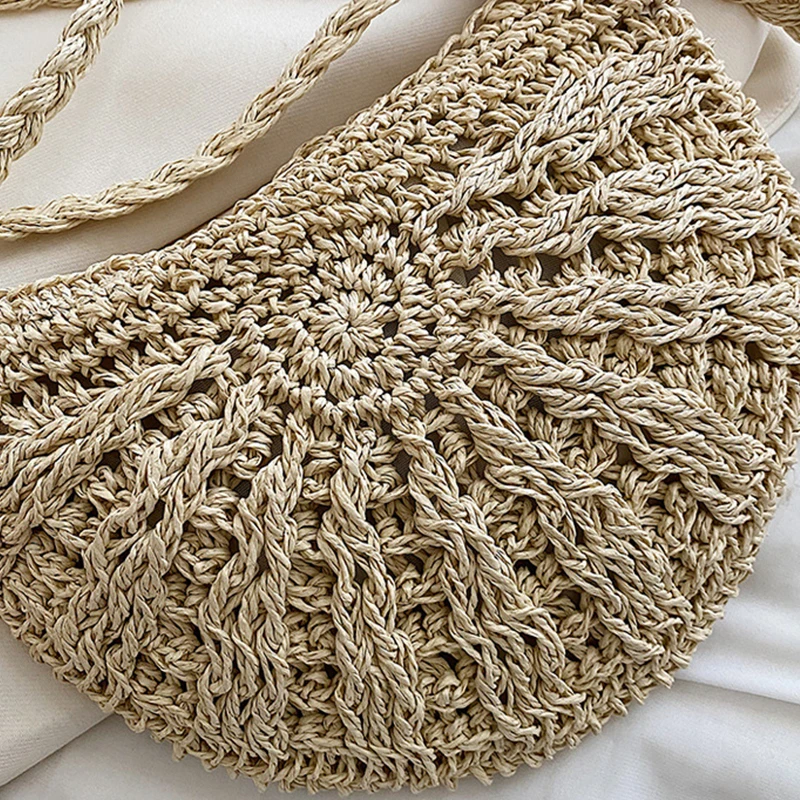 Mode Halbkreis Stroh Gewebt Schulter Umhängetasche Reise Kleine Handtasche Damen Sommer Handgemachte Rattan Quaste Design Strand Tasche – Detail 21