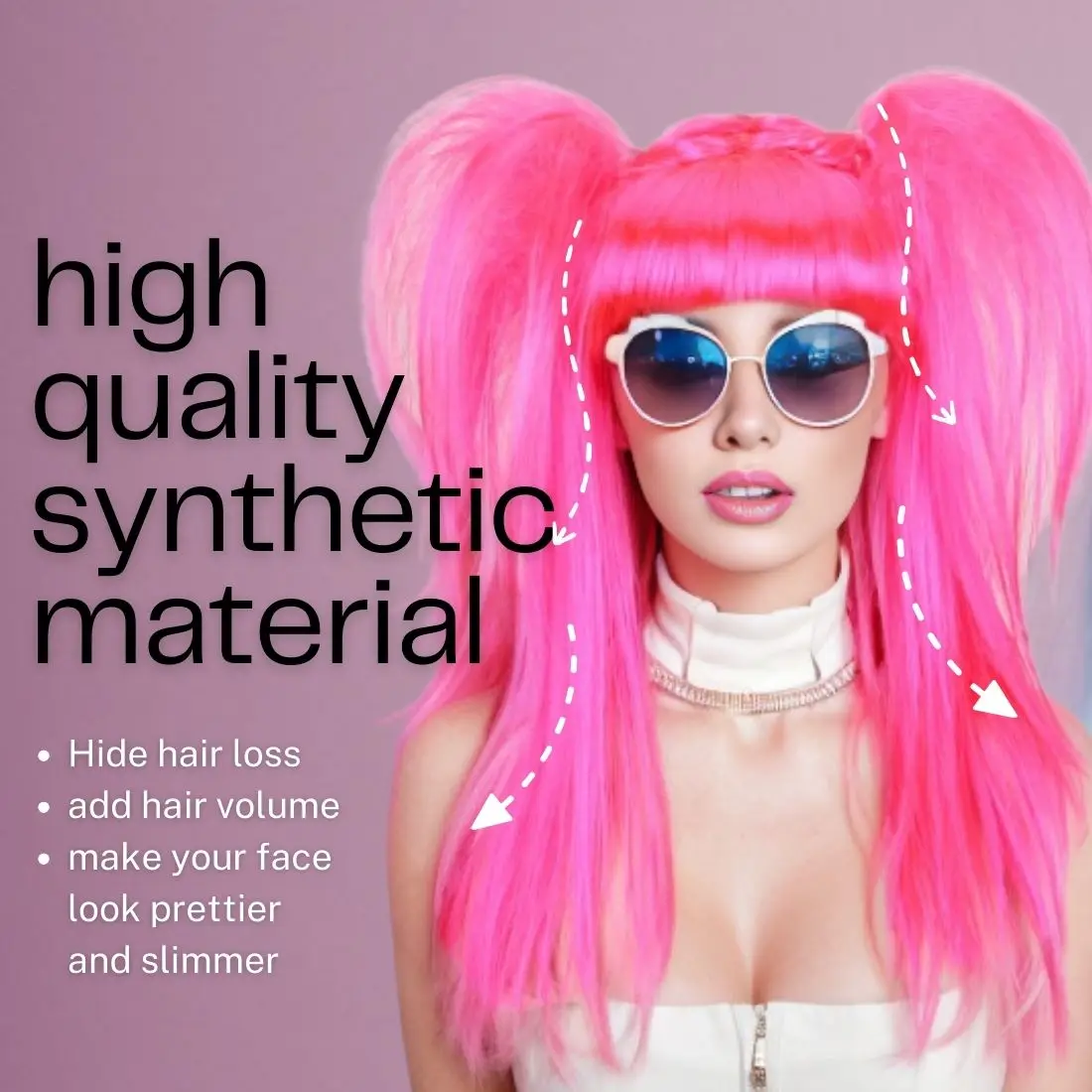 Synthetic Bright Pink Wig Double High Ponytails Straight Hair With Bangs For Cosplay Halloween Carnival Festival Costume Party