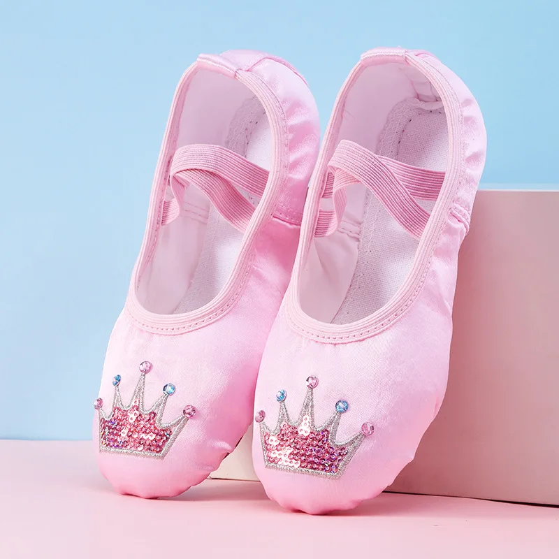 Crown Ornament Children Dance Shoes Soft Soles Practice Cat Claw Temperament Elegant Performance Pink Dance Ballet Shoes