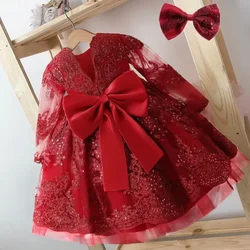 1-5Y Toddler Girl Dress Fall Sequin Flower Long Sleeve Kids Clothes Baby Red Christmas Bow Costume Infant 1st Birthday Tutu Gown