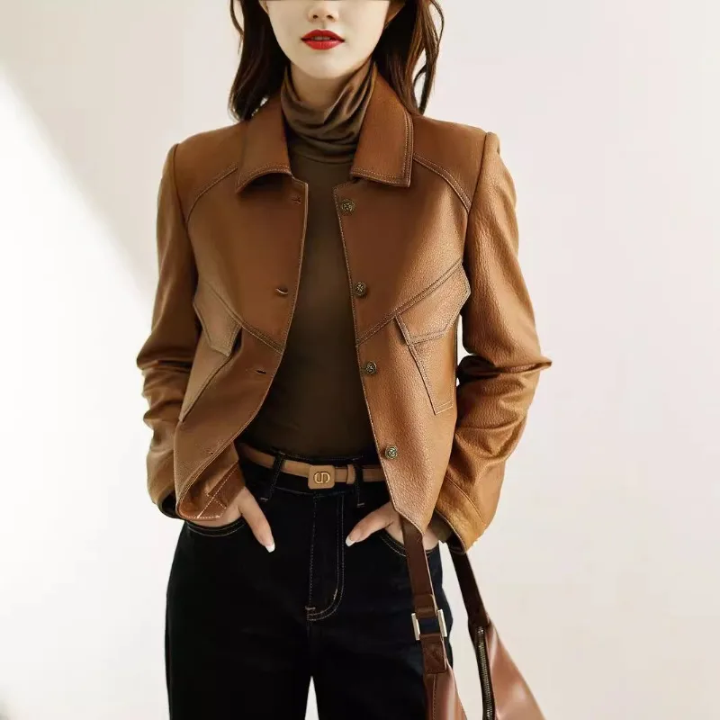 Mantel Fashion Wanita Musim Semi Musim Gugur Kulit Asli Pendek dengan Kerah Bulu Imitasi Slim Fit