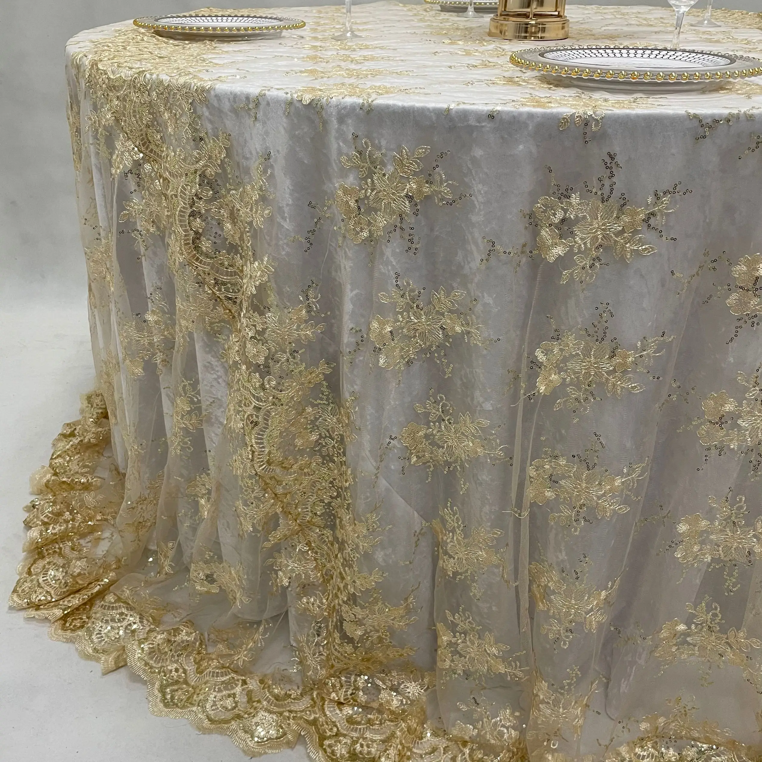 TL002R2 Gold Embroidered Round Lace Tablecloth Table Overlay For Home Decor Weddings Party Textiles 90'' Round