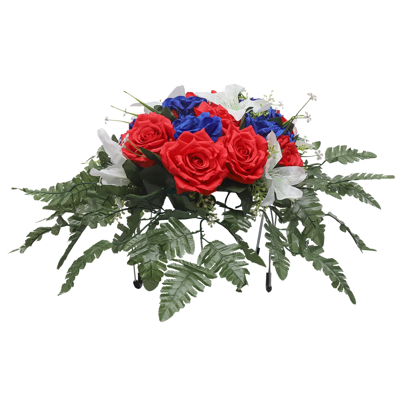 Premium Artificial Cemetery Flower with Blue & Red Roses, White Lilies, Silk & Iron Wire, Weatherproof