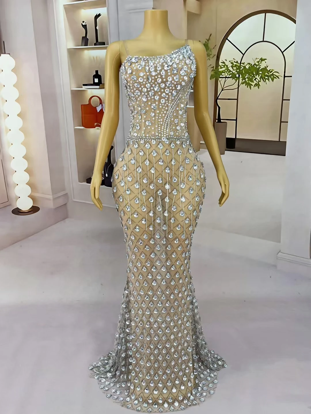 High-end Dinner Party Elegant Evening Dress Wedding Prom Luxurious Sparkly Rhinestone Evening Gown  Women Club Dance Maxi Dress