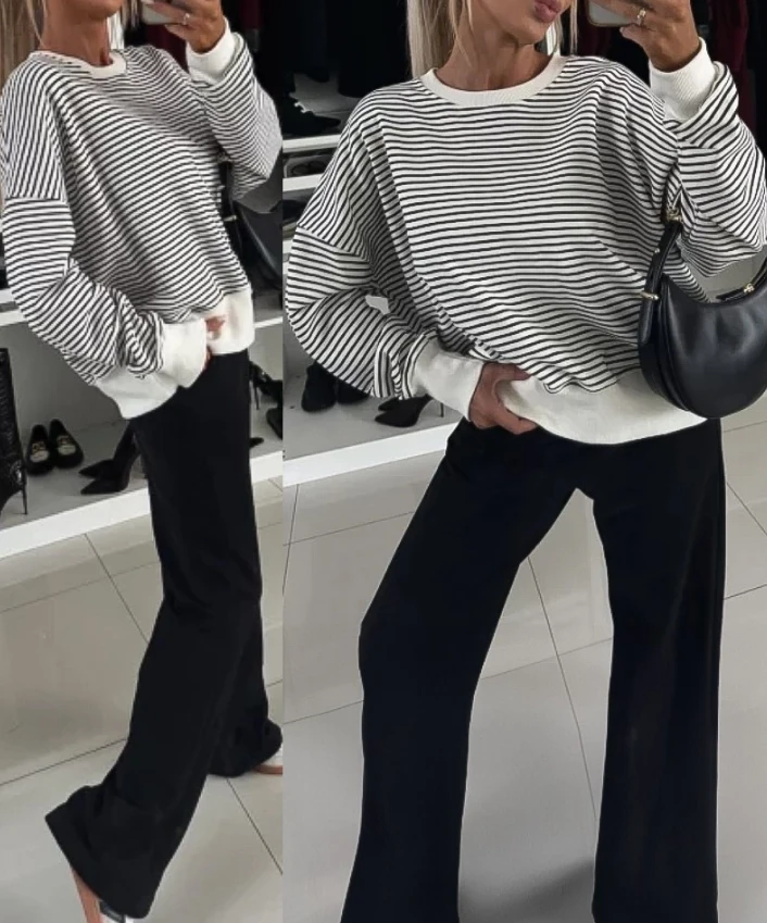 Elegant Striped Long Sleeve Crew Neck Oversized Sweatshirt Casual Loose Pullover Top 2025Autumn Winter Spring New Fashion Casual