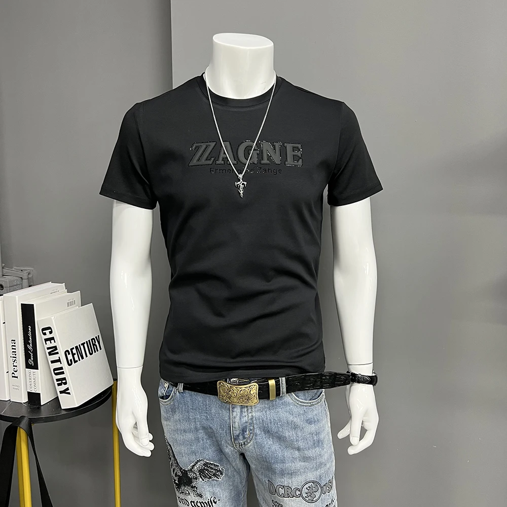 

Short Sleeved Men T-shirt Summer New 3D Letter Rhinestone Design Trend Male Tees Simplicity Fashion Homme Tops Clothing M-7xl