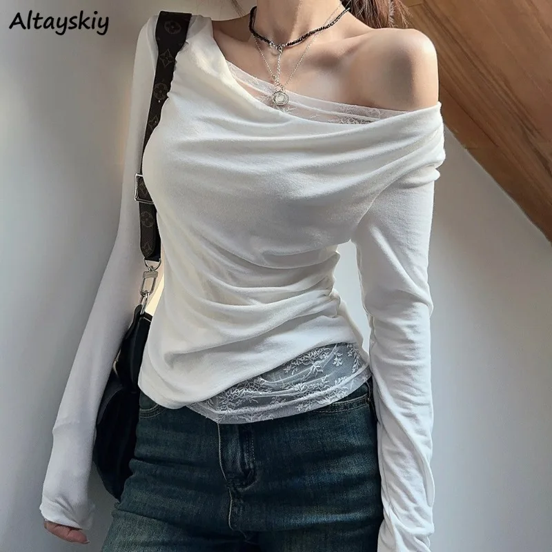 Off Shoulder T-shirts Women Autumn Sweet Sexy Female Slimming Lace Patchwork Basic Inner Casual Korean Style Attractive Popular