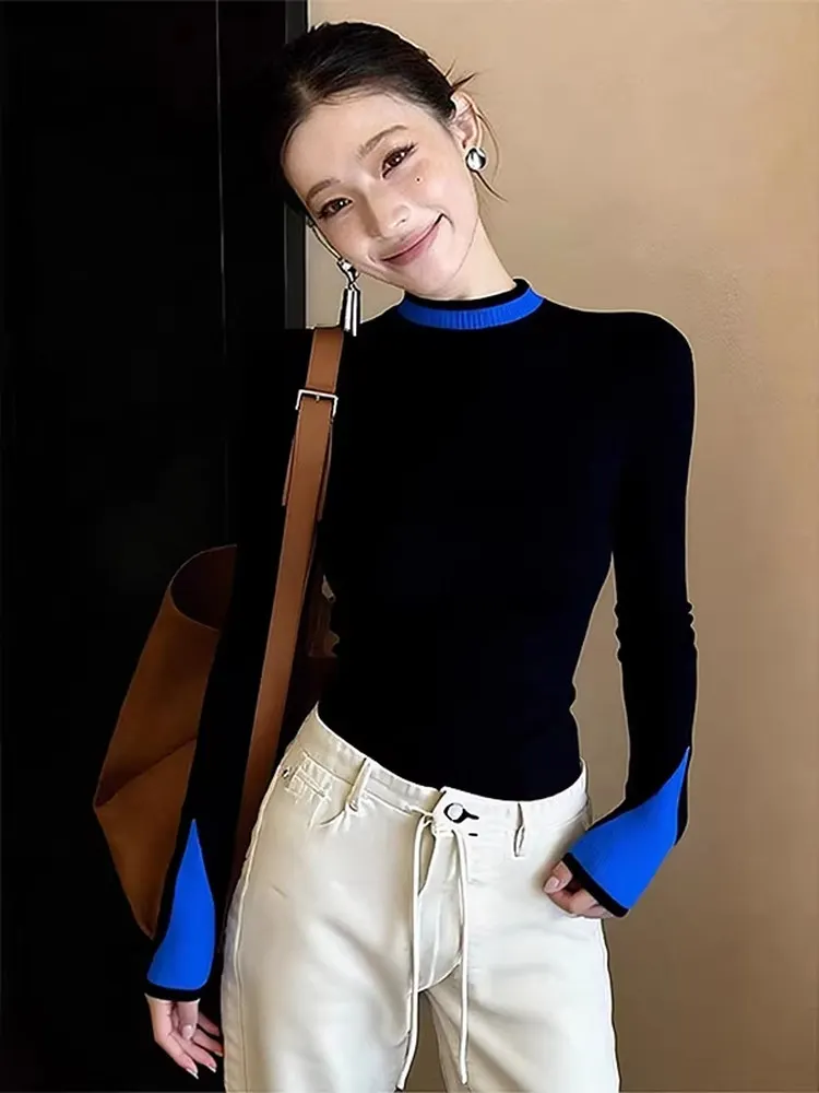 

Корейский вязаный свитер с высоким воротником для женщин, осенне-зимний, класса люкс, базовый топ с цветными вставками