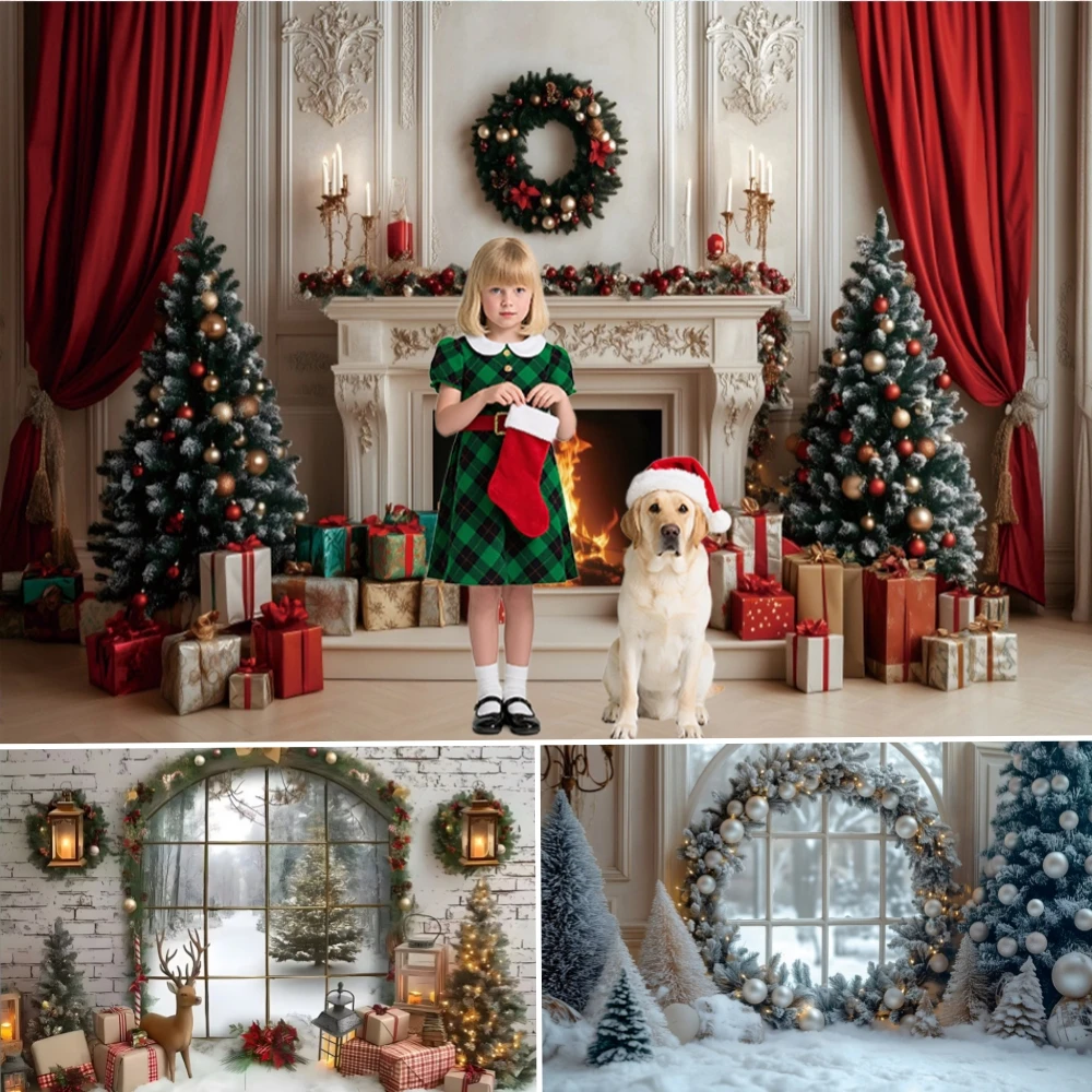 

Winter Christmas Photography Background Inside Window Xmas Tree Gifts Kids Family Portrait Decor Backdrop Photo Studio