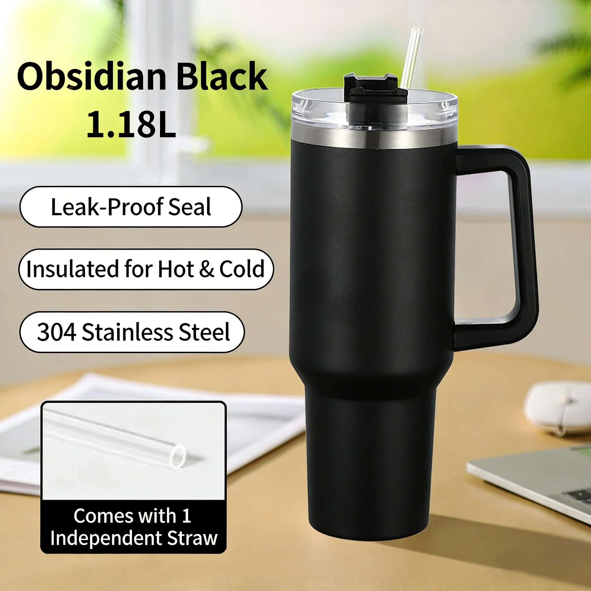 

Insulated With Handle Straw 1180ml Stainless Steel Vacuum Cup 2.0 Thermal Mug For Car Mounted Water Bottle