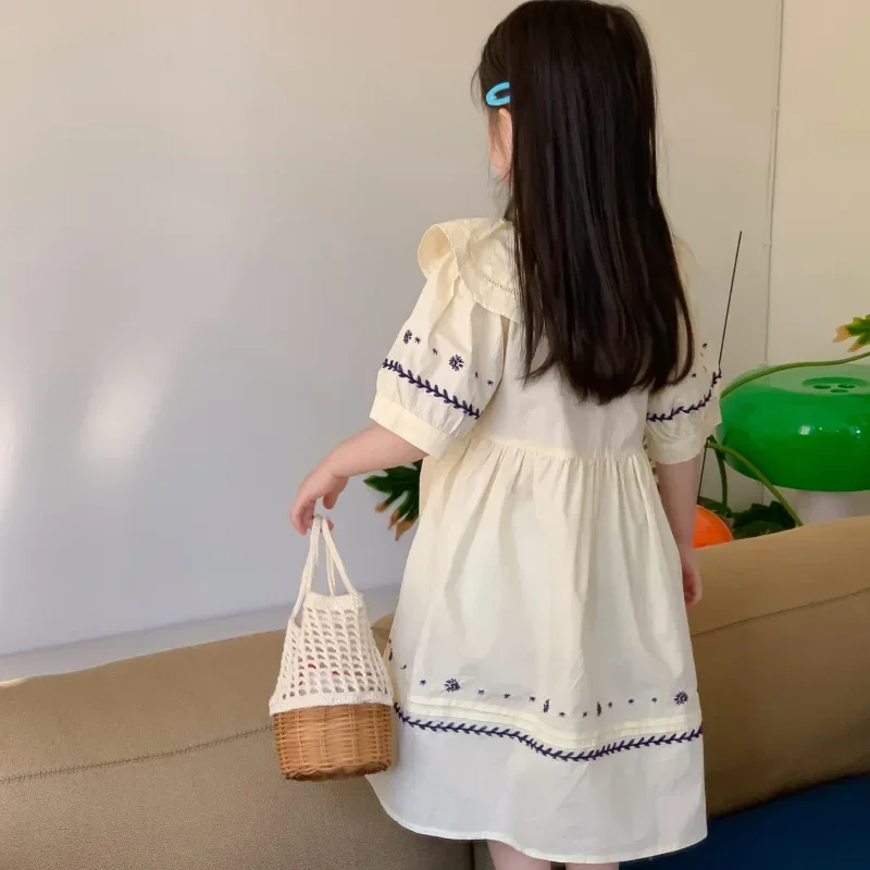 Retro Embroidery Kids Dresses Korean Style Loose Elegant Girls Casual Dress Puff Sleeve Spring Summer Children Clothes