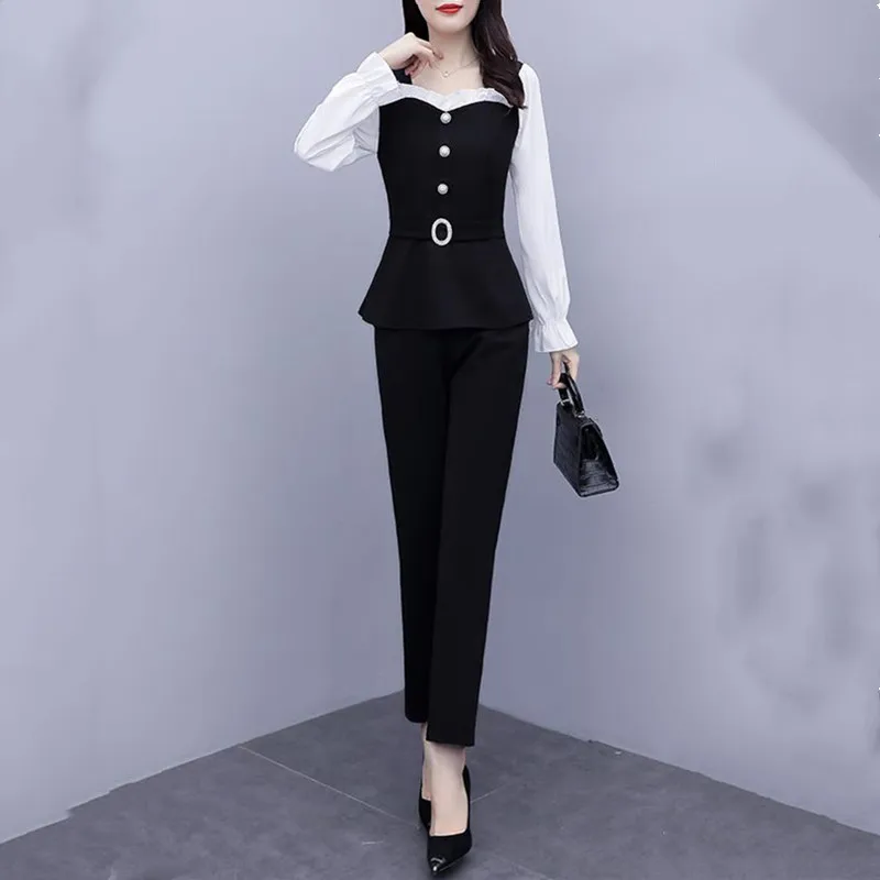 Patchwork Square Collar Women Fashion Pants Sets For Spring Autumn 2023 New Office Lady Elegant 2 Pieces Outfits Pantsuits