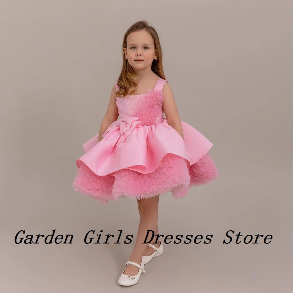 

Charming Pink Flower Girls Dresses with Sequined 2024 Summer New Knee Length Christmas Dresses for Princess فستان عيد الميلاد