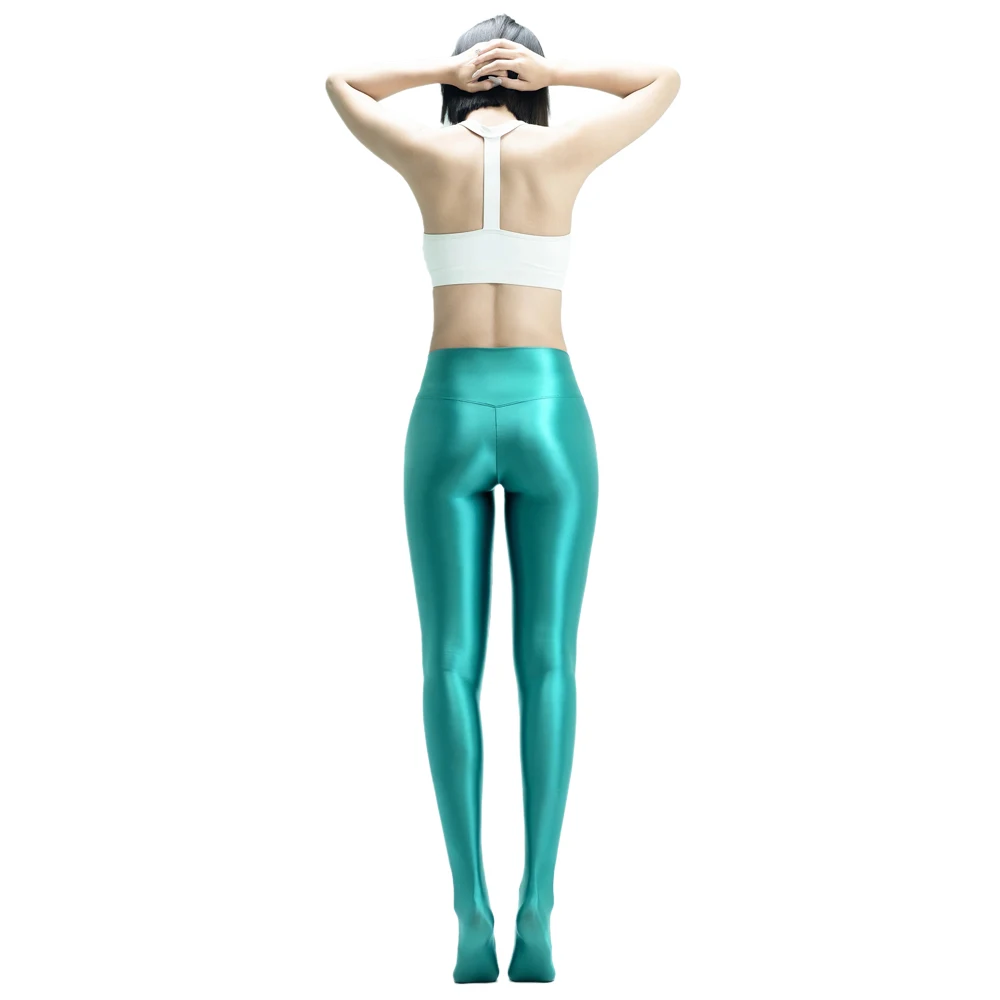 MJINM Damen glänzende, glatte Leggings, Fitness, Yoga, V-Schritt, hohe Taille, Satin-Jeggings, Stretch-Strumpfhose, blickdichte Wetlook-Strumpfhose