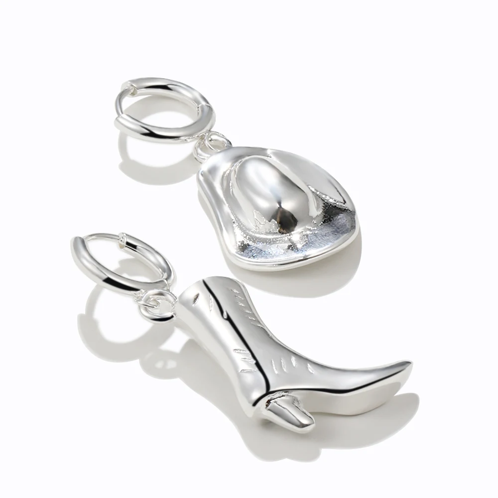 

Glossisland 925 silver plated stainless steel ladies Cowboy Western Cowboy Boots Hat Pendant Earrings Silver white trendy