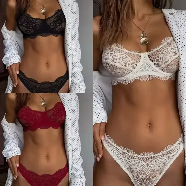 2024 New Sexy Eyelash Lace Bra Set Ladies Bralette Push Up Lingerie Bras Briefs Set Women Deep V Cross Back Transparent G-string