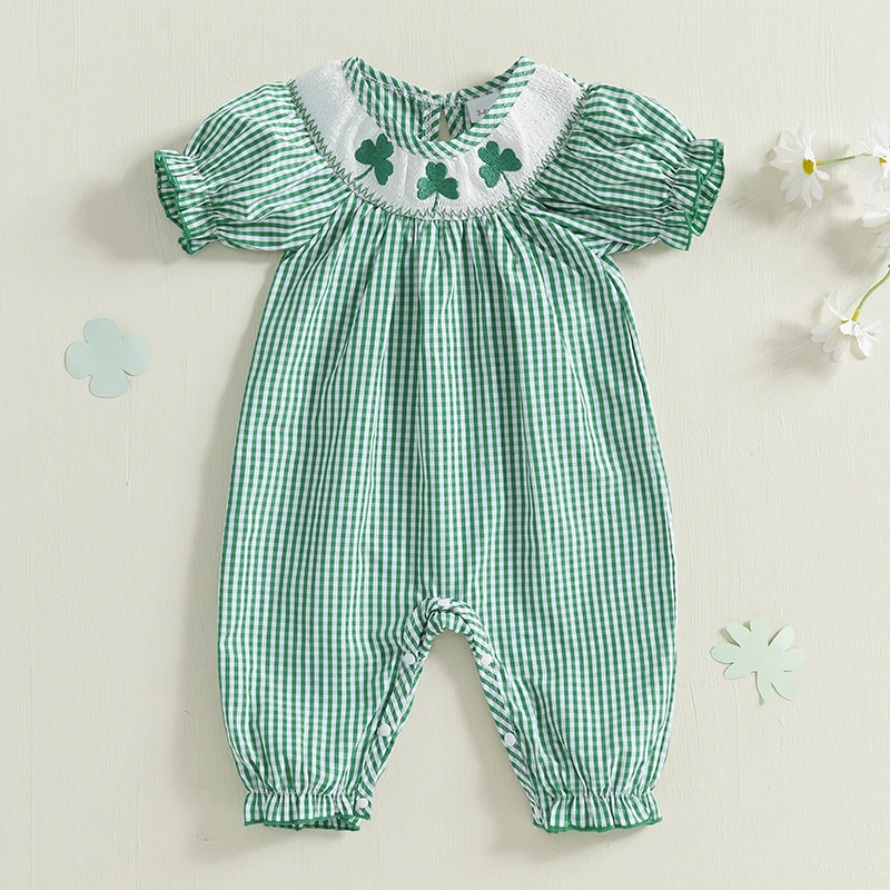 St. Patrick's Day Outfits Baby Girl Rompers Clover Plaid Shirred Ruffle Short Sleeve Jumpsuits Overalls Newborn Clothes