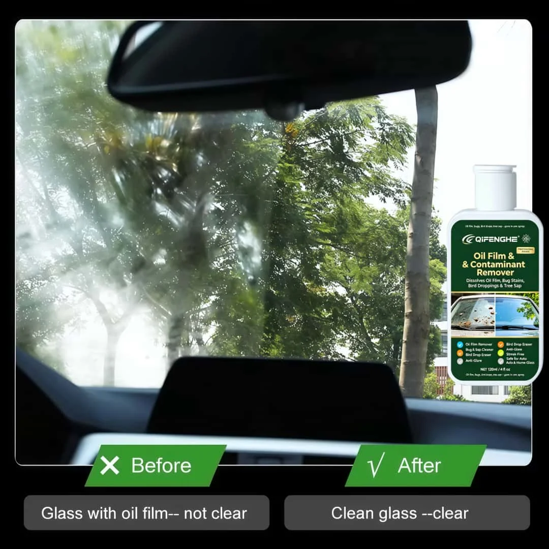QIFENGHE Oil Film & Contaminant Remover – Dissolves Tree Sap, Bug Stains, Bird Droppings – Restores Windshield Clarity for Safer