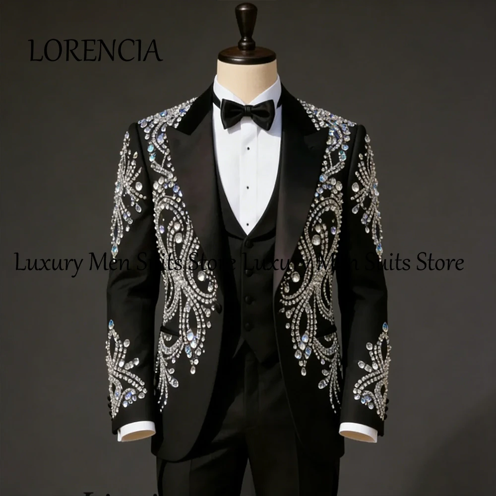 

Exquisite Diamond Male Suits 3 Pieces Crystal Groom Tuxedos Set Wedding Party Outfits Customized Blazer Pants roupas masculinas