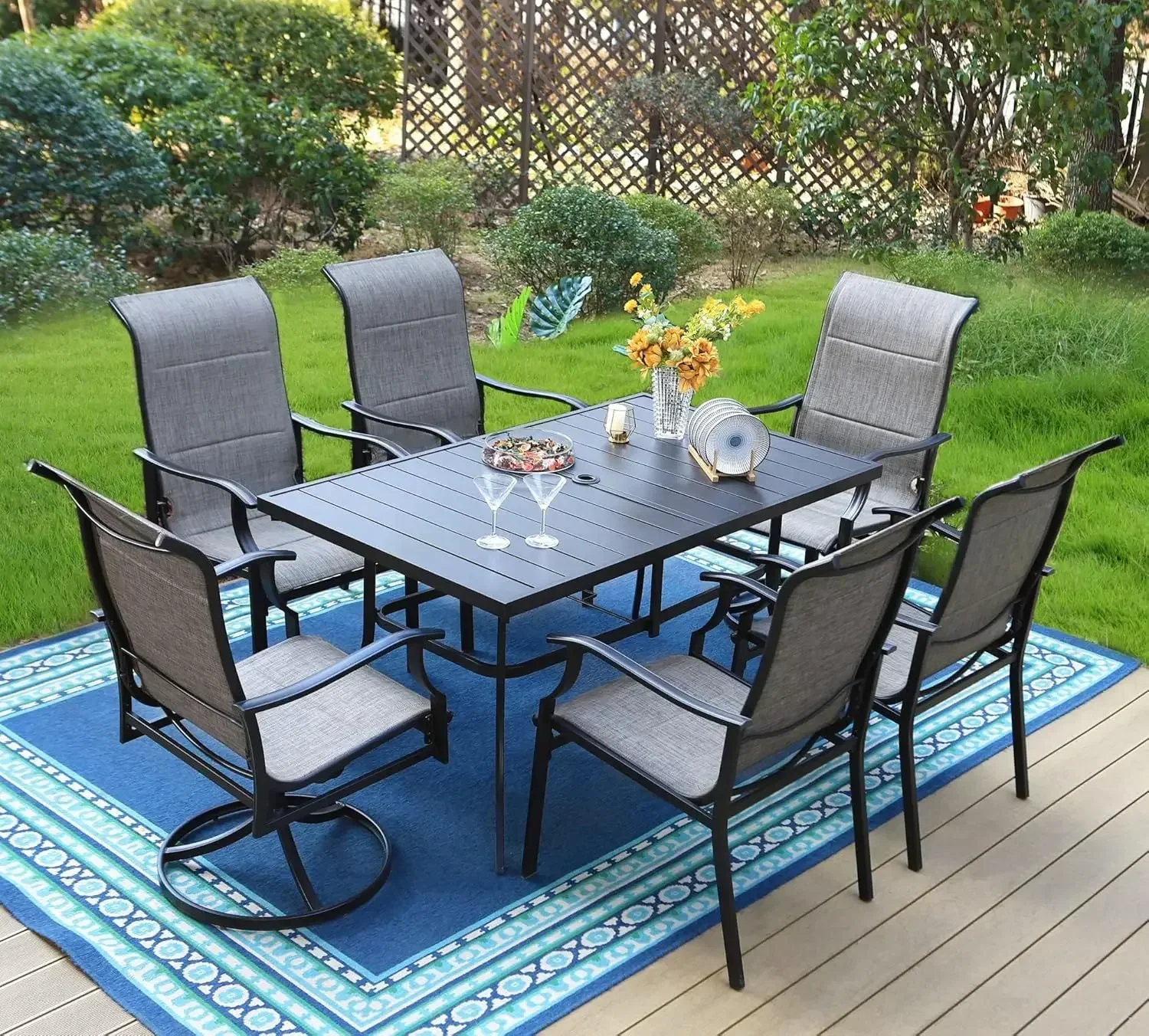 7 PCS Patio Dining Set, Outdoor Table Chair Set with Large Metal Table, 6 High Back Patio Chairs Include 4 Fixed