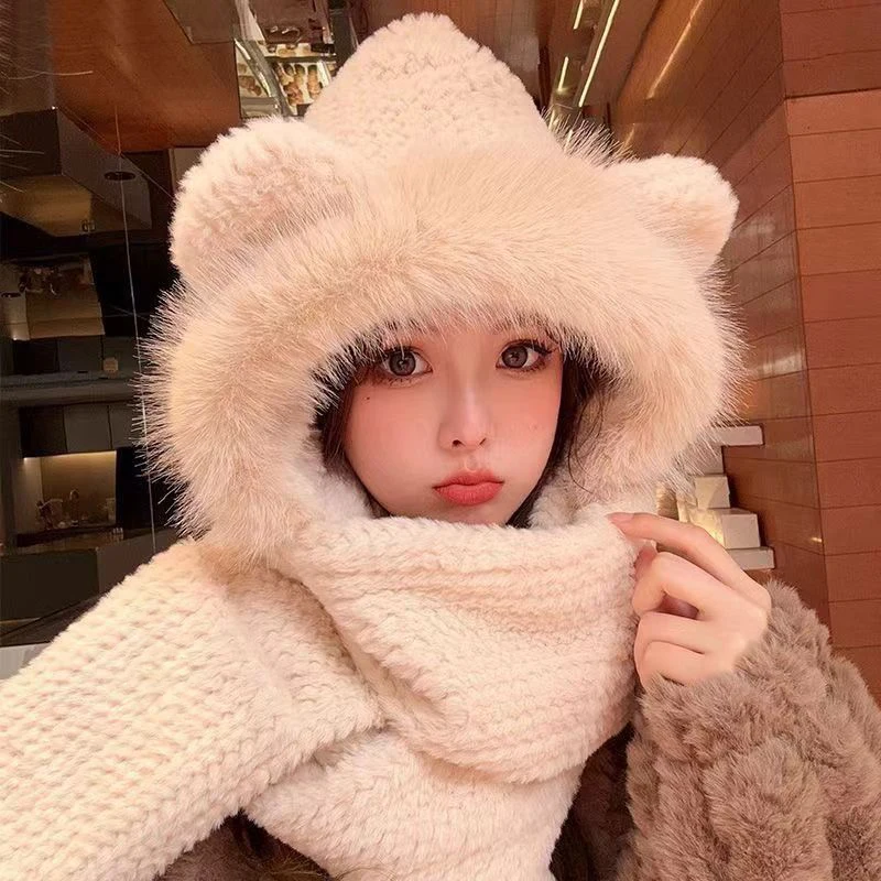 Lairauiy 3 In 1 Women's Fluffy Plush Warm Cat Ears Hooded Scarf Earflap Hat Gloves Mittens Cartoon Animal Warm Winter Present