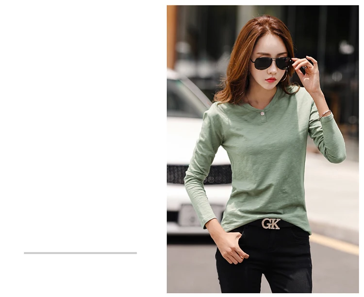 2026 Langarm Frühling Damen Slub-Baumwoll-T-Shirts mit Knöpfen, grüner V-Ausschnitt, einfarbiges T-Shirt, kaffeefarben, koreanische weiche, lockere Oberteile – Detail 2