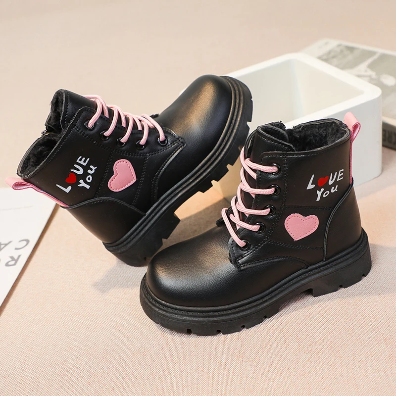 Girls Fashion Leather Boots Kids Sweet Princess Boots Fashion Children Ankle Boots Non-slip All Match 2024 Winter New Pink