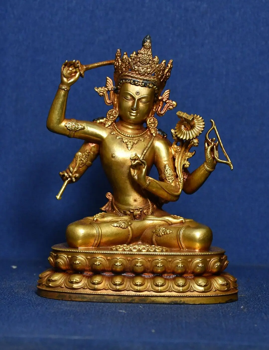 Tibetan brass gilt four-armed Manjushri Guanyin Bodhisattva antique Tara statue ornament home Buddhist hall table supplies 11cm