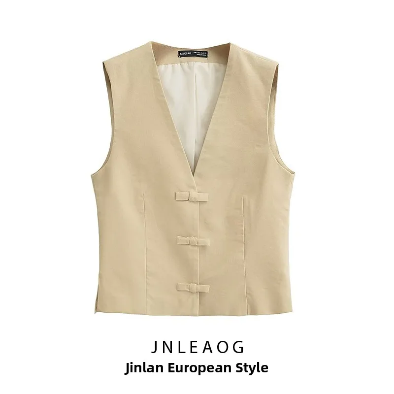 Faionable  Knot Decorated Mixed Fabric Women's Vest JNLEAOG Spring New Sle Slim Fit ort Outerwear Jaet