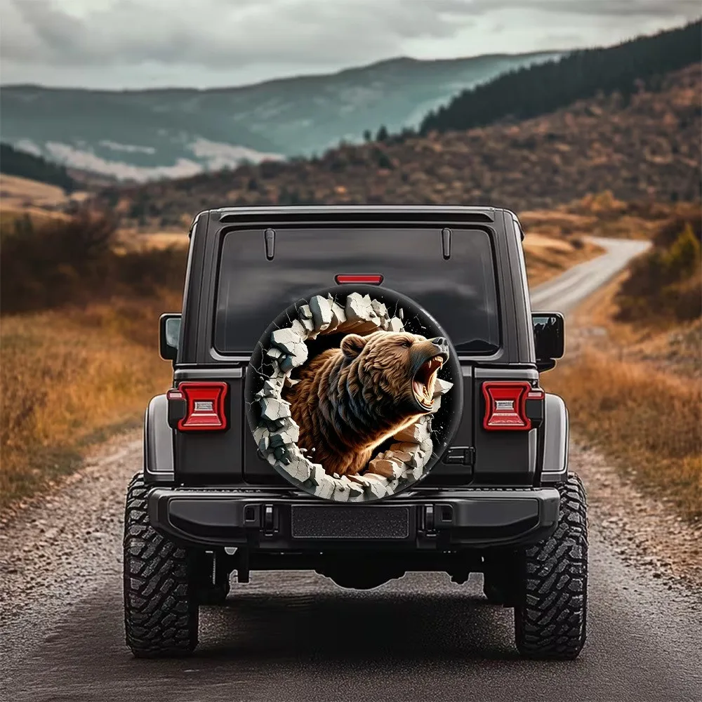 Fierce Brown Bear Wall-Breaking Print Car Tire Cover Universal Spare Wheel Protector for Outdoor Adventure
