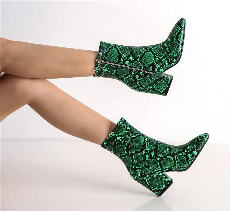 YMECHIC Snake Print Yellow Green White High Heels Womens Shoes Zipper Fashion Retro Gothic Ankle Boots Female Winter Bootie 2022