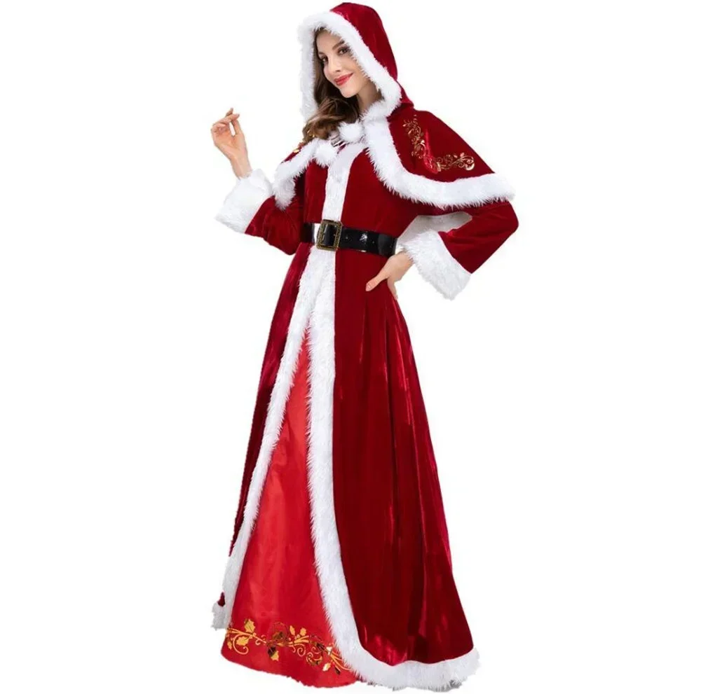 Traje de natal de veludo vermelho de luxo adultos festa de natal cosplay casal papai noel roupas para homens e mulheres terno plus size