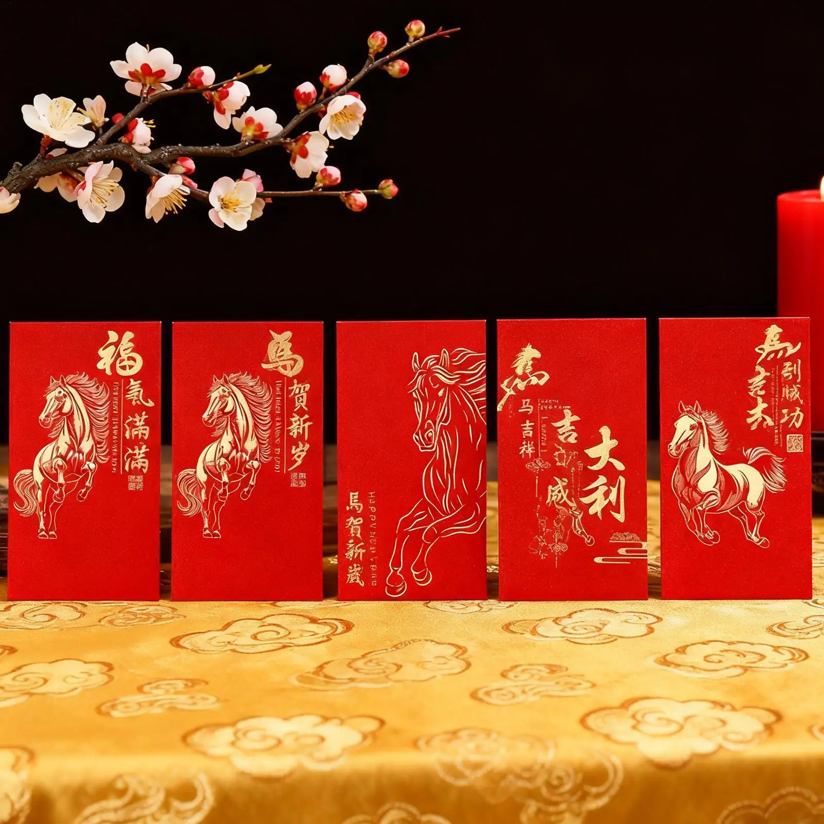 مغلفات صينية للمال 6 قطع جيب بتصميم حصان 2026 نمط سحابة ميمونة مغلفات حمراء للعام القمري الجديد للأولاد