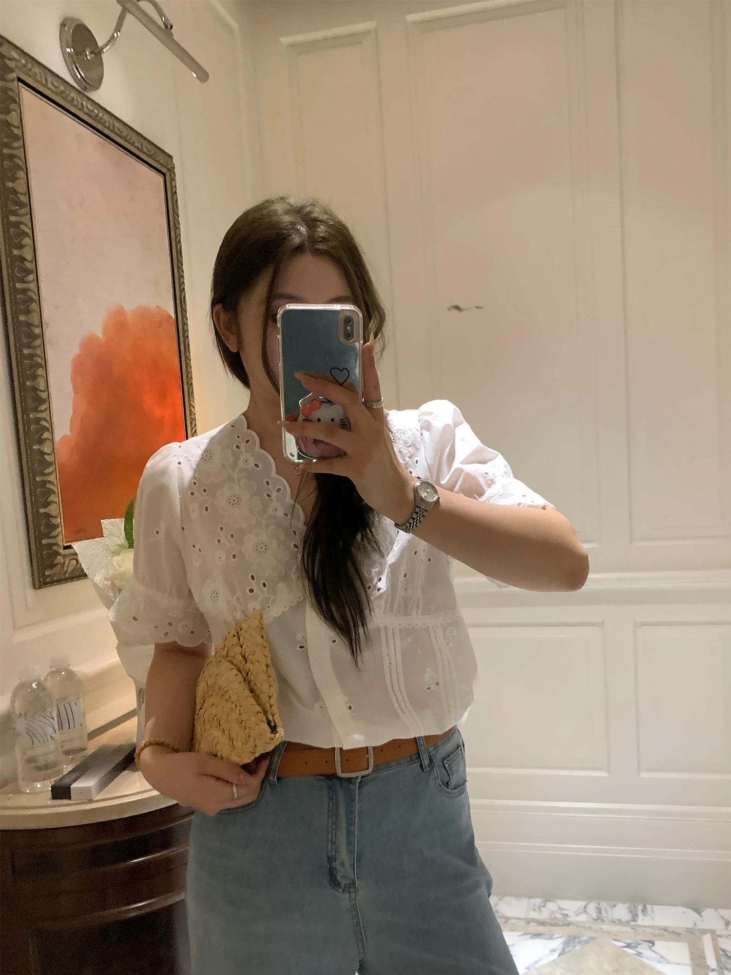 

NAZ Large Size 00% Cotton Embroidered Lace Hollow out ort Sve irt French Sle Loose Fit Breathable V-ne Summer i...