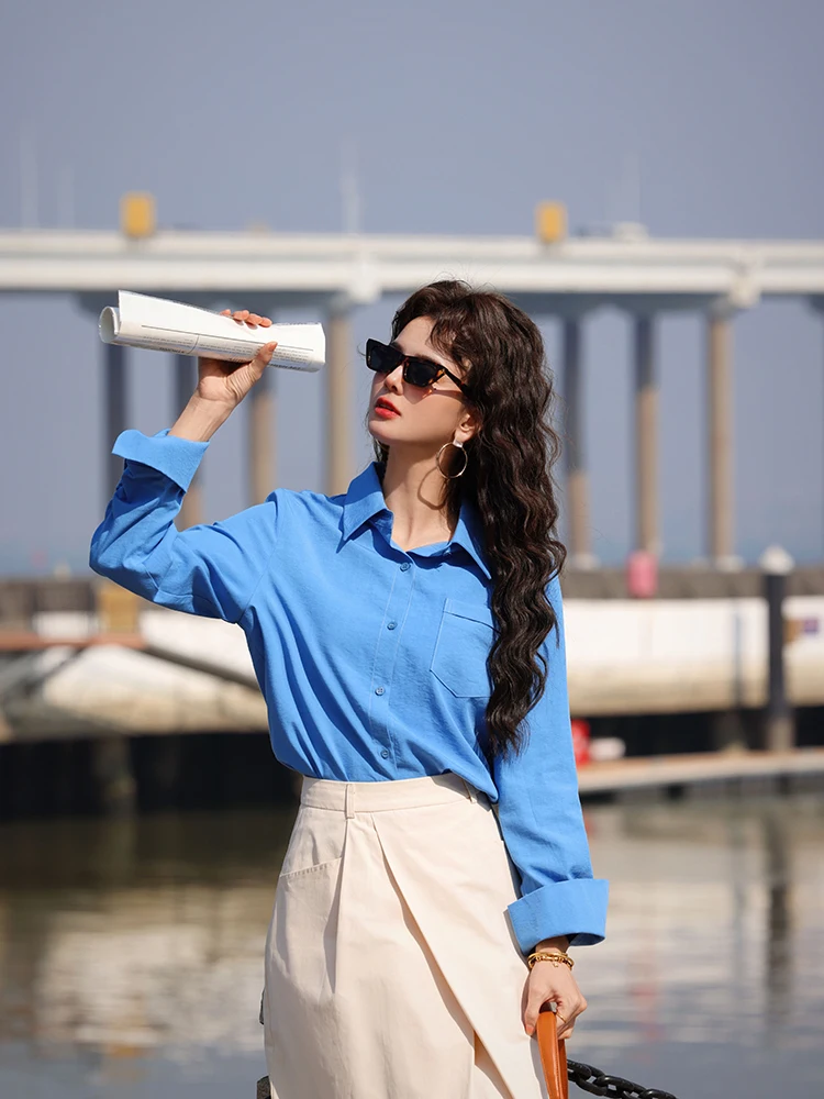 

Синяя свободная женская блузка в винтажном стиле, коллекция Hong Kong Sle Spring Fashion Chend's Island Girl, с узлом, длинными рукавами, полупрозрачная