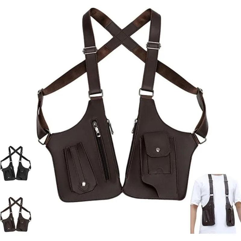 

High Quality Men's Tactical Vest Bag PU Leather & Oxford Cloth Vintage Design Anti-Scratch Chest Bag Phone Pouch for Daily Use