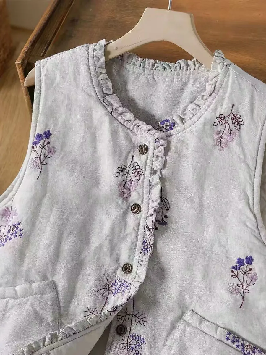 Warm Cotton Vest with Purple Flower Print And Wooden  Collar Brand Name Tailored Clothing for Women Thickened Winter Oute...