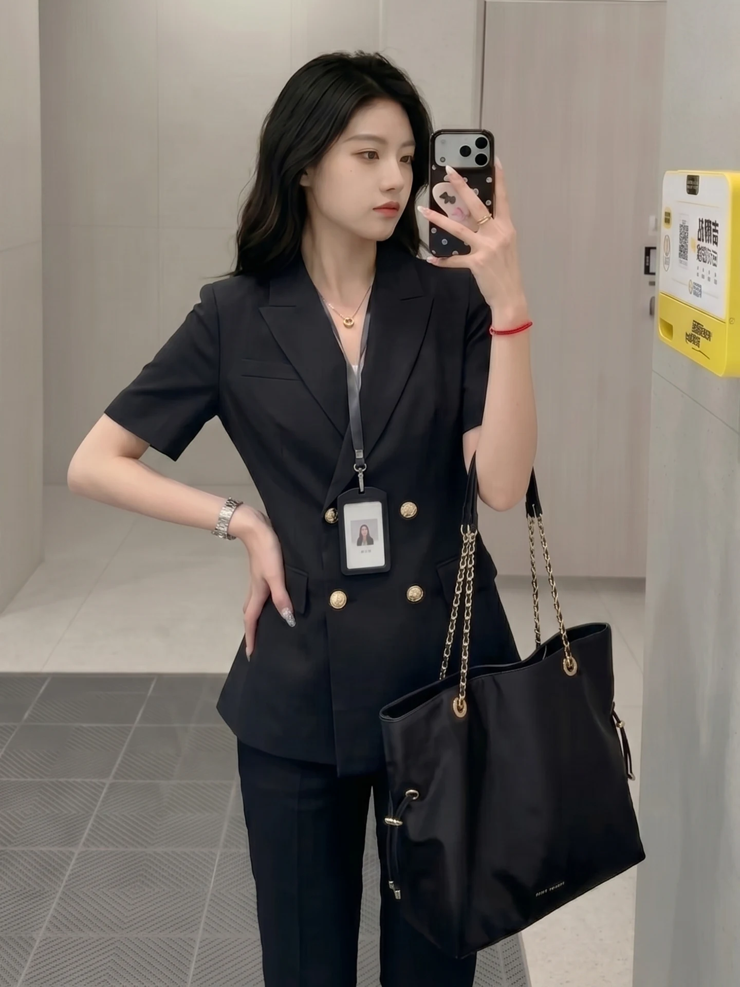 Black Short Sleeve Suit Set for Women Professional Interview Outfit Summer Formal Occasion Slim Fit Polyester Fiber round Hem