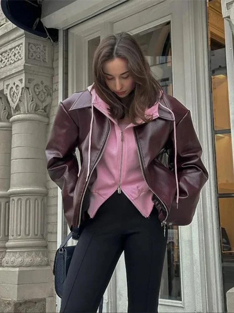 Casual Leather Jackets Women Loose Lapel Zipper Pocket Long Sleeves Pu Coats Female 2024 Autumn High Street Soft Outwears Lady