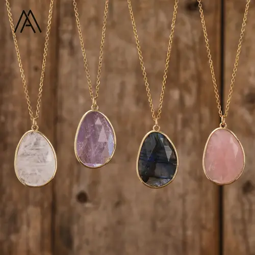 클래식 천연 원석 래브라도라이트 자수정 로즈 쿼츠, 힐링 크리스탈 목걸이, 펜던트 초커, 여성 선물 