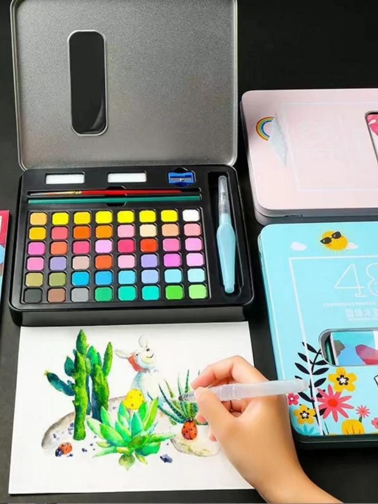 مجموعة صناديق القصدير المحمولة متعددة الألوان من الدهانات المائية مع مخطط الألوان ورق الرسم واللوازم الفنية للرسم