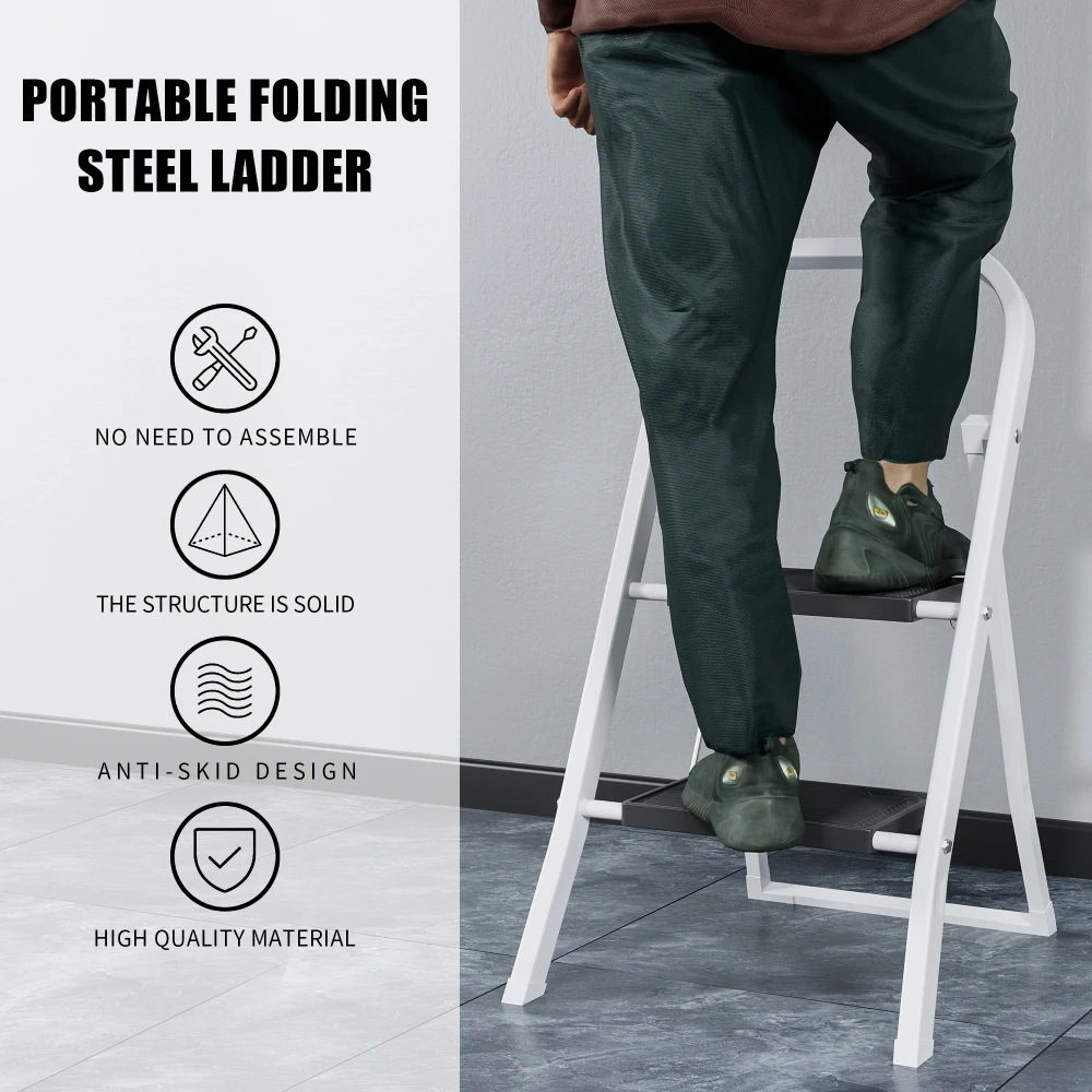 2 Step Ladder, Step Stool for Adults, Folding Step Stool with Wide Anti-Slip Pedal, Sturdy Steel Ladder