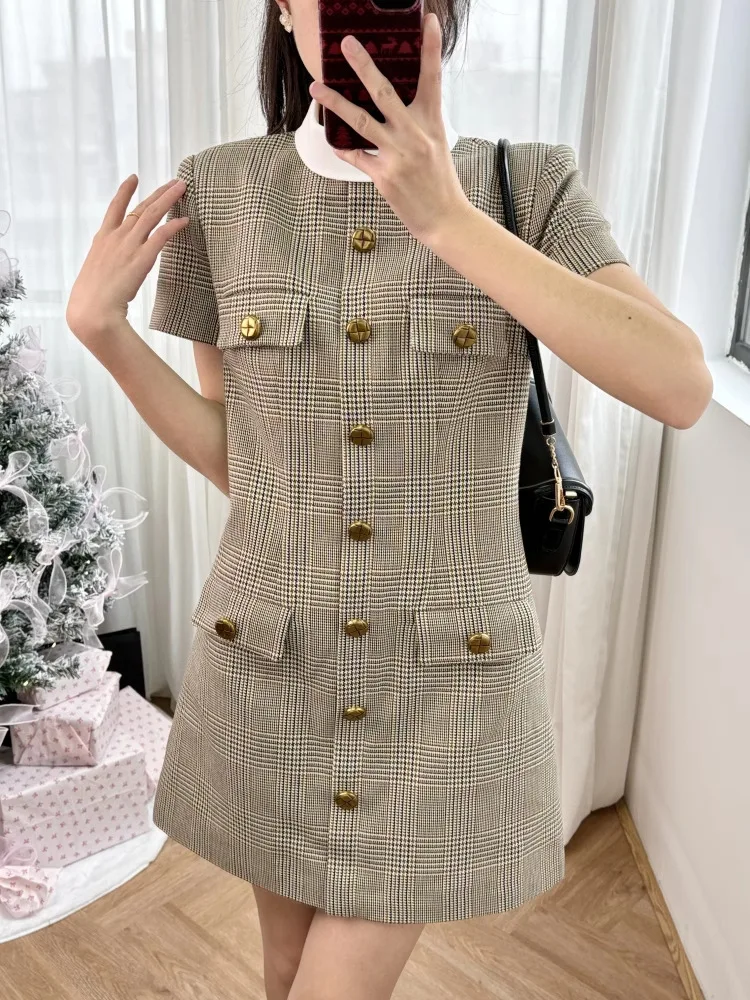 Luxury Plaid Short Dresses Women Summer Holiday Short Sleeve Single Breasted White Collar Mini Vestidos Party Robe