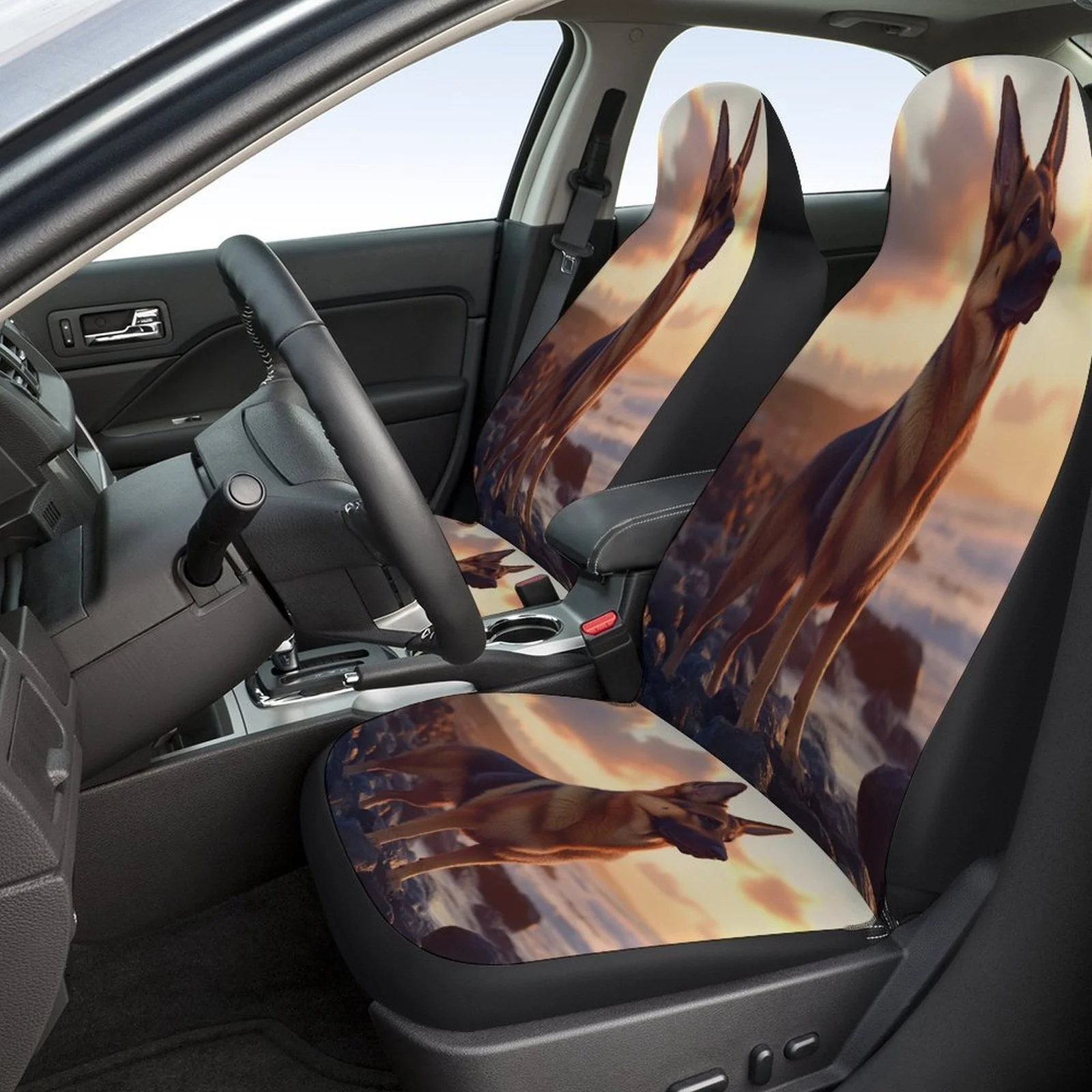 German Shepherd At Sunset Themed Car Seat Cover Set For Most Cars, Fashion Personalized Novelty Car Seat Protector Covers Full S