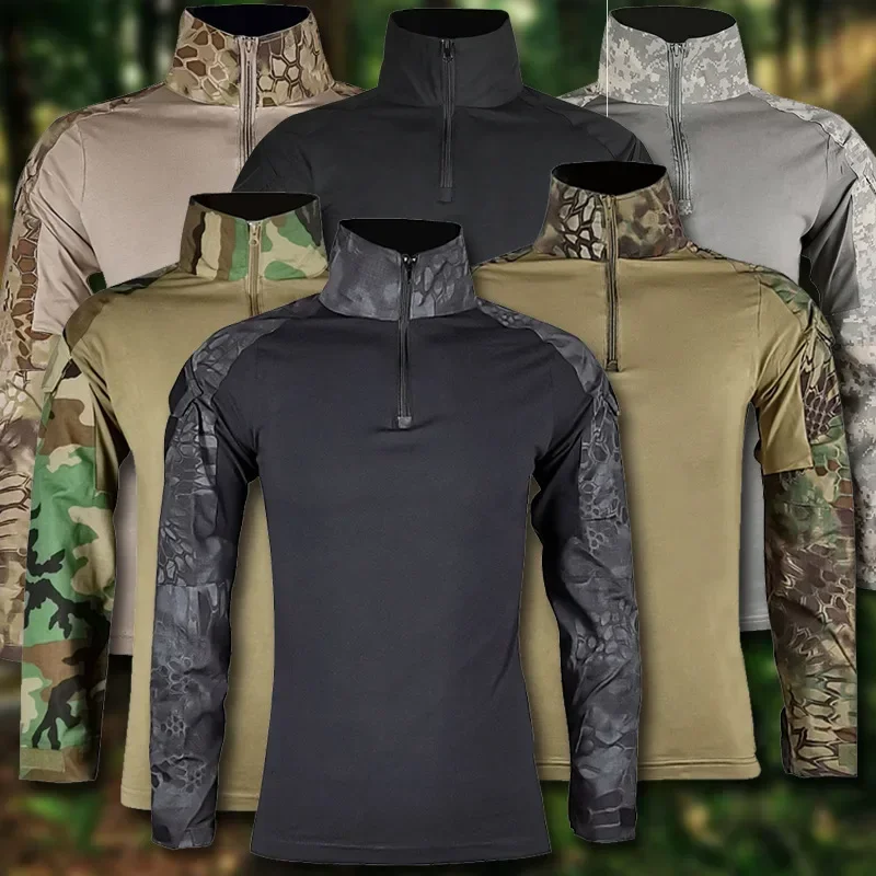 Outdoor Long Sleeve Tactical Shirts Combat Shirt 1/4 Zipper Ripstop Cotton Wear-resisting Camo Airsoft T Shirts Men Clothing