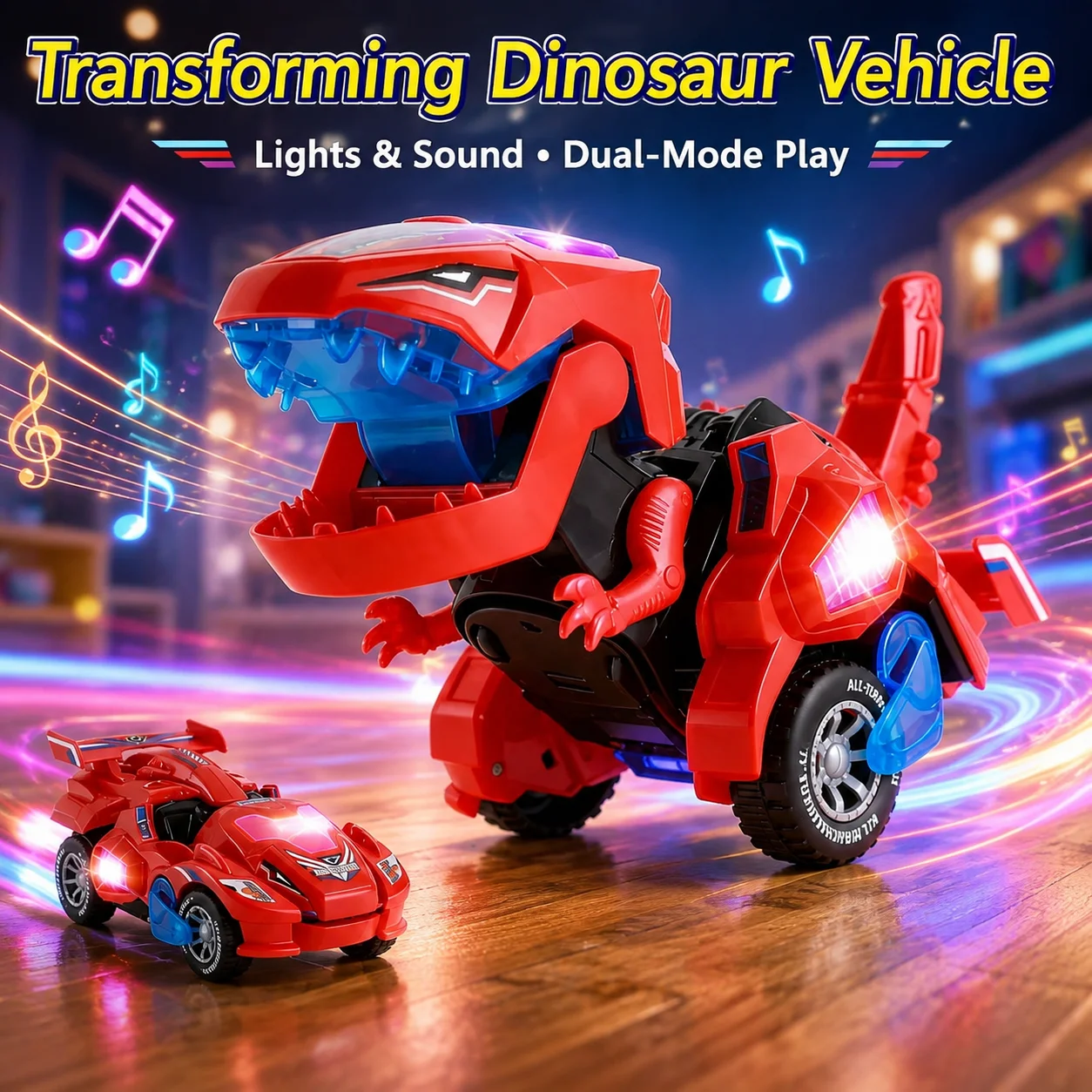 2-in-1 Jurassic Transforming Dinosaur Car Robot Toy, Automatic Transformation with Lights & Music, Educational Vehicle Gift for