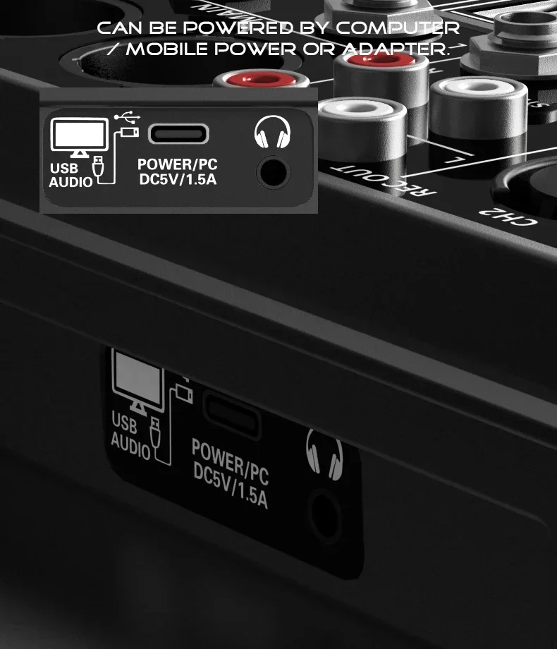 Audio Interface Mixer with Bluetooth USB Recording Computer 48V Phantom Power Delay Replay Effects, 4-Channel Audio Mixer ﻿ view 5