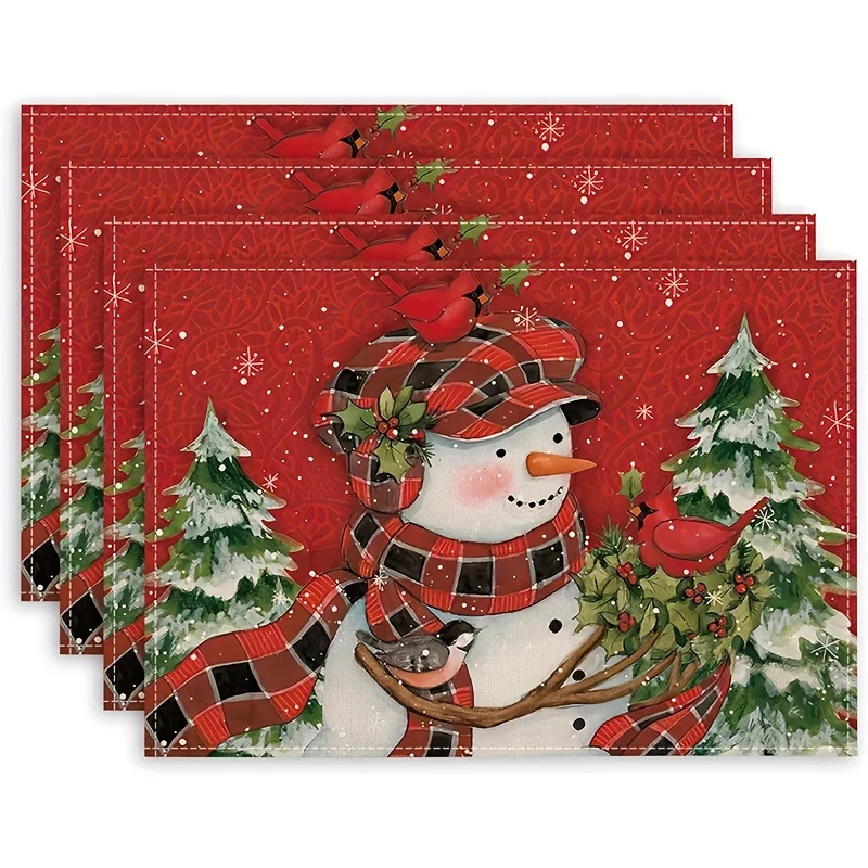 1PCS Red Snowman Merry Christmas Placemats, Winter Christmas Bird Table Mat, Seasonal Holiday Snowflakes And Trees