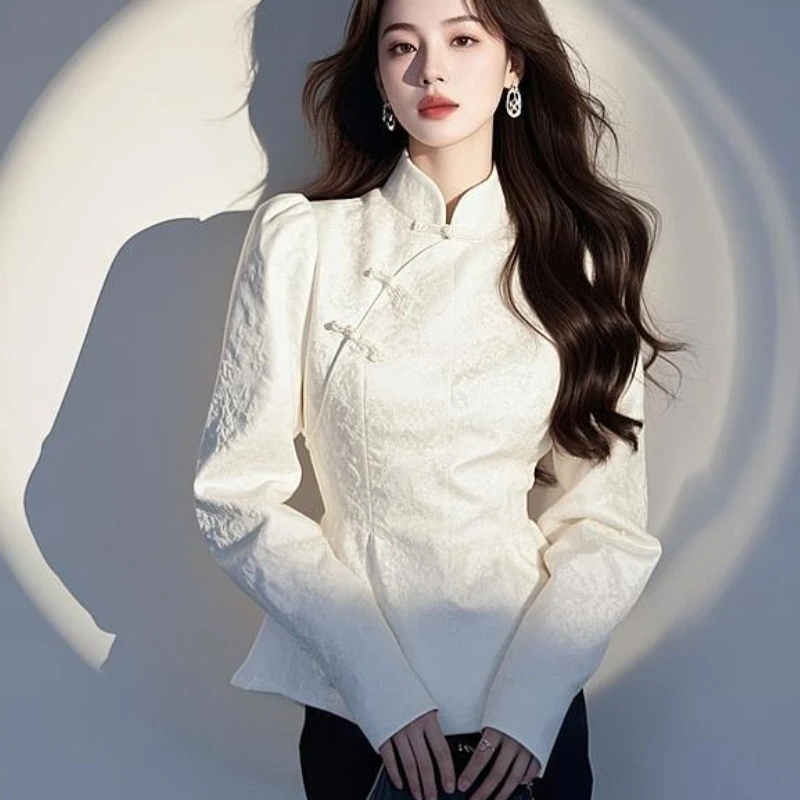 

Spring Fall Women Chinese Style Tang Jacquard White Top Shirt , 2025 New Dobby Floral Ruffles Tops Shirts for Woman Clothing